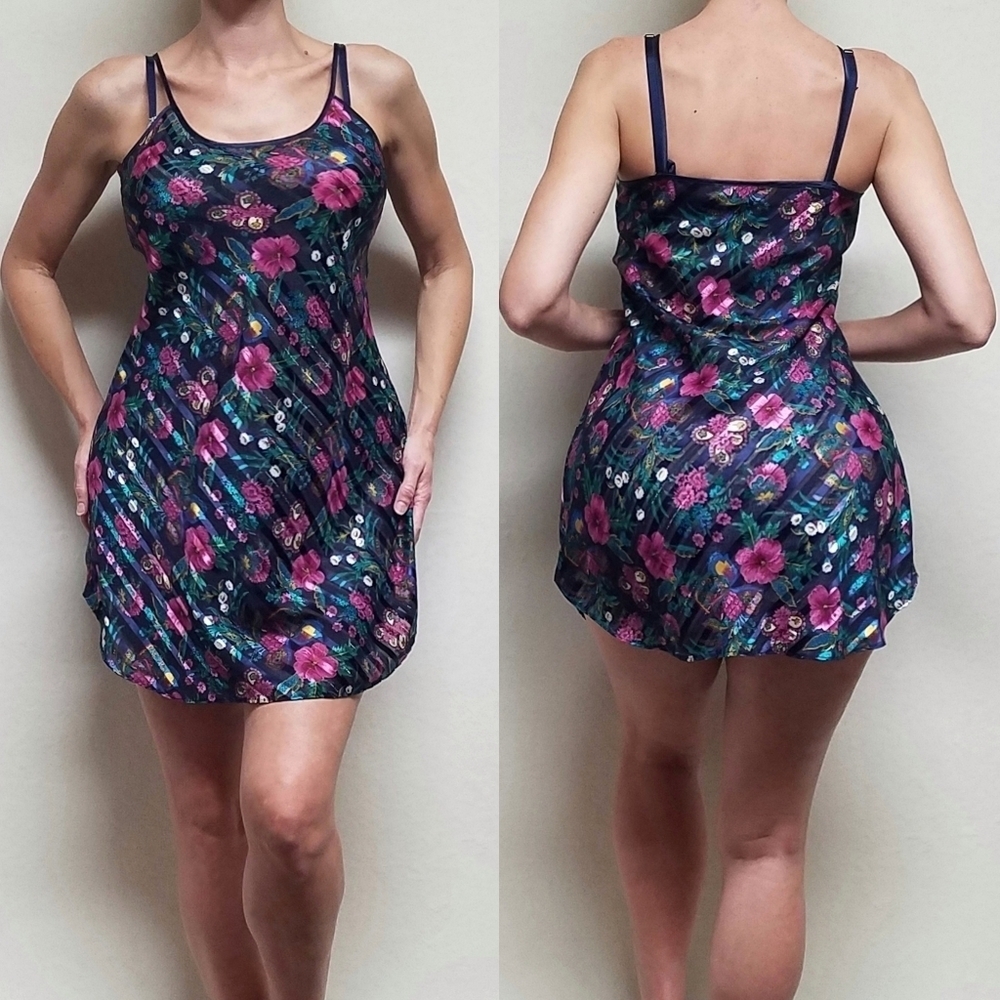 90s Vintage Kathryn Diagonal Stripe Metallic Floral Rounded Hem Mini Slip Dress